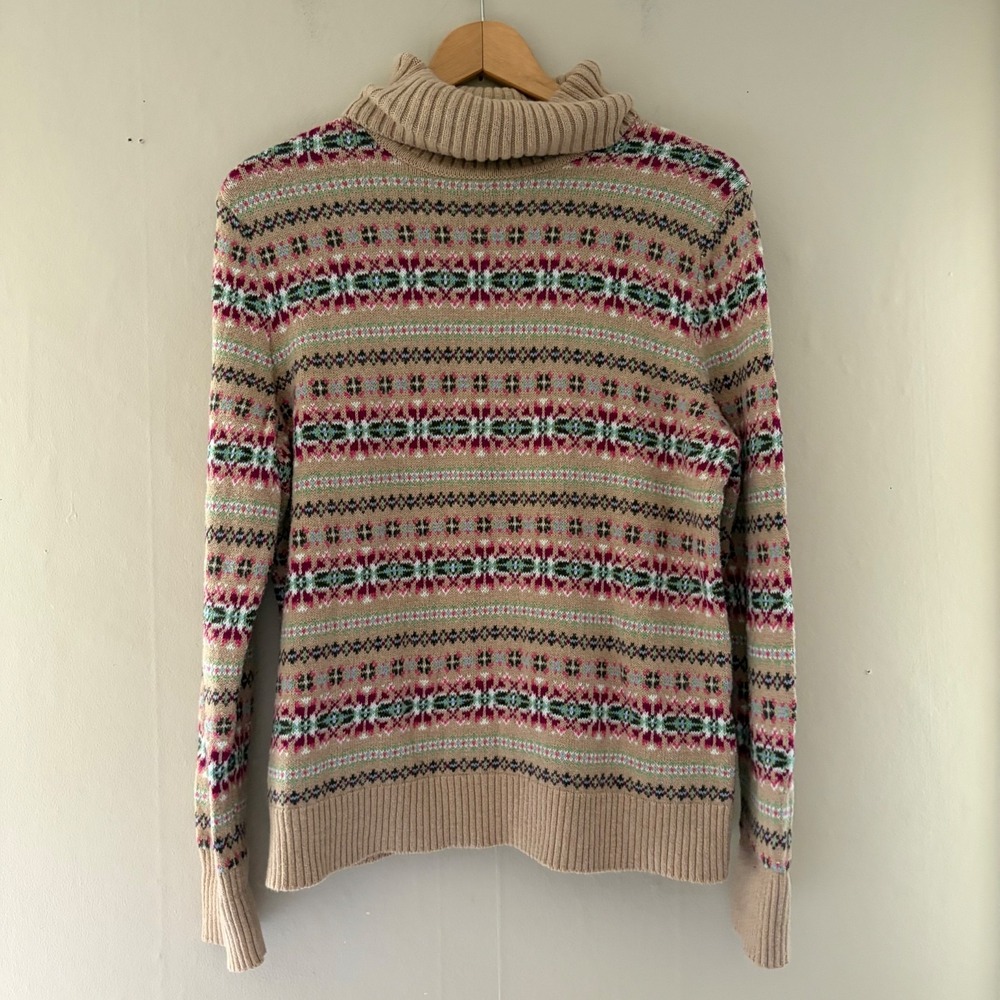 Lands End Womens Fair Isle Turtleneck Sweater Size L Capsule Wool Blend Nordic